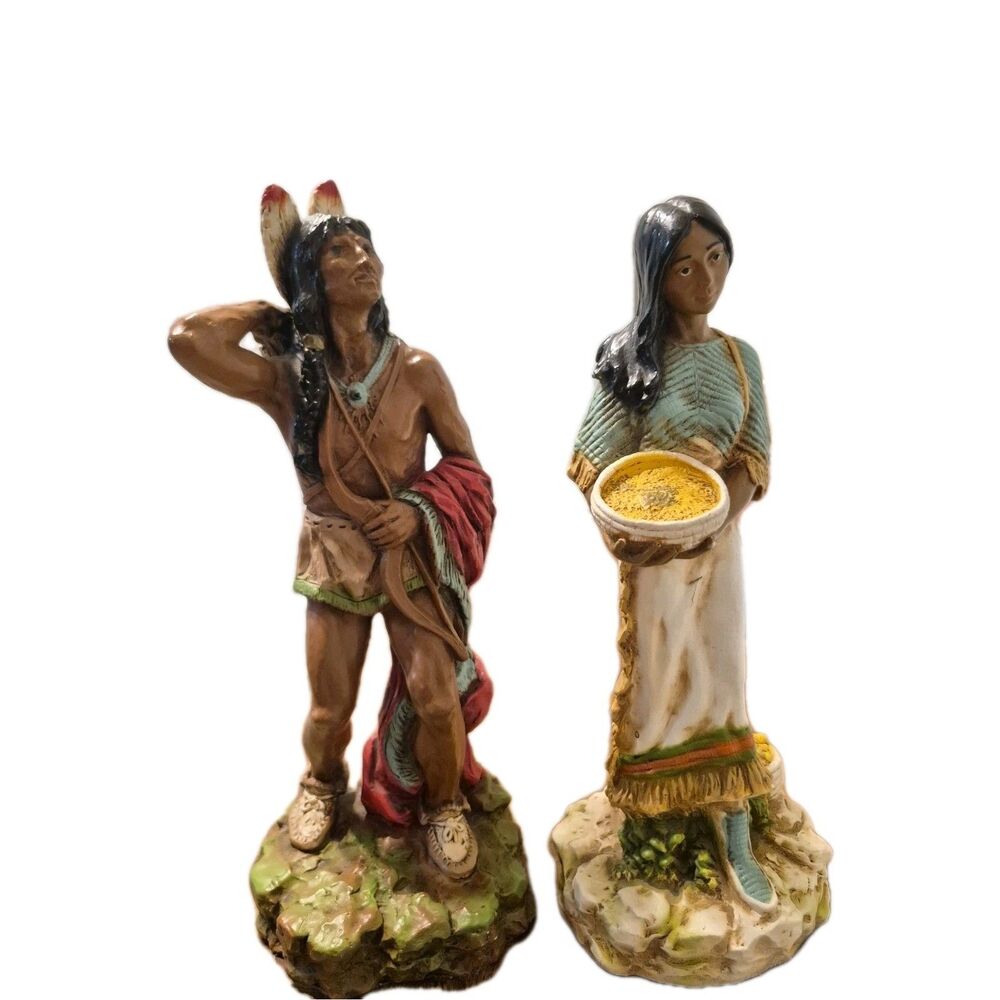 Natuve American Chalkware Brave & Squaw W/Papoose Baby Homco 1980 Figurines